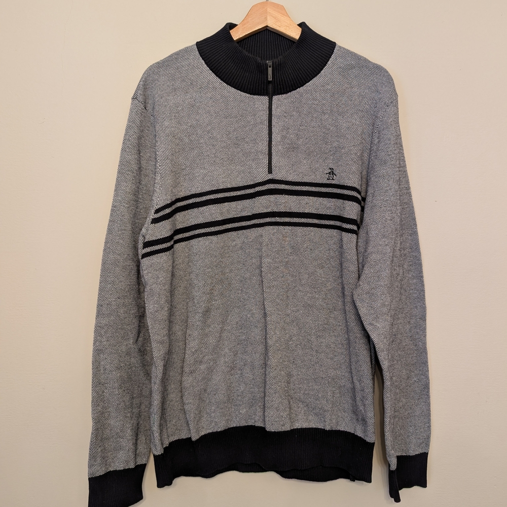 Original Penguin Men's 1/4 Zip Sweater Gray Black Mock Neck Size XL Preppy